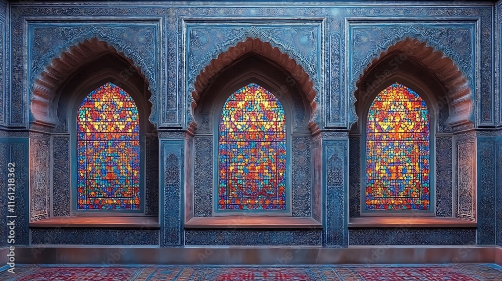 Fototapeta premium Three arched windows with vibrant stained glass panels