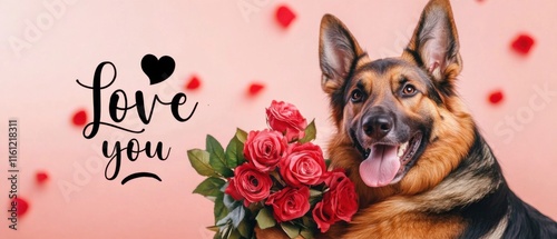 Wallpaper Mural German Shepherd Dog Holding Roses, Valentines Day Love You Card Torontodigital.ca