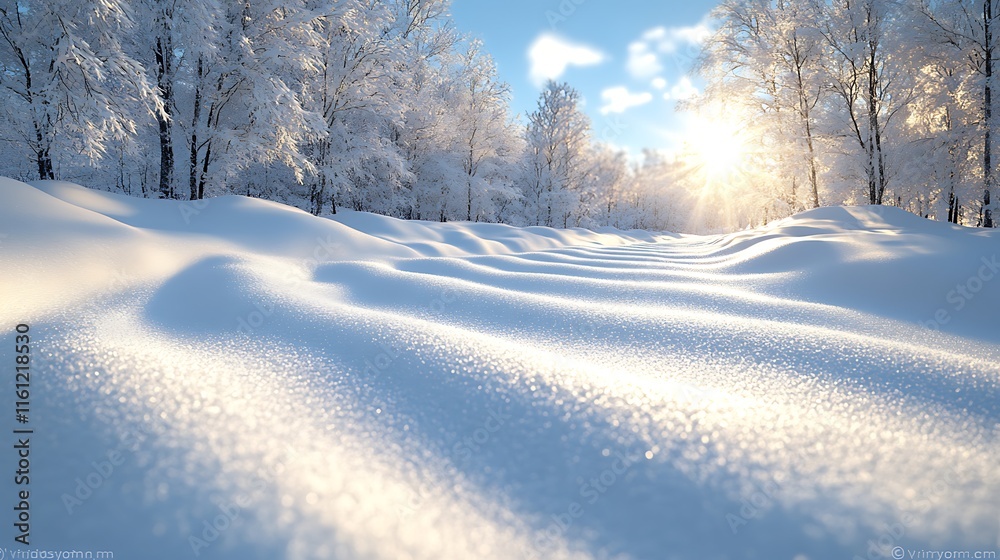 Winter wonderland with pristine snow covering gentle hills and sunlight filtering through frosty trees Winter wonderland with pristine snow covering gentle hills and sunlight filtering through frosty trees
