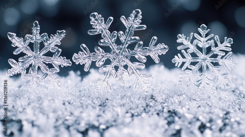 Three snowflakes sit atop a large pile of snow Three snowflakes sit atop a large pile of snow