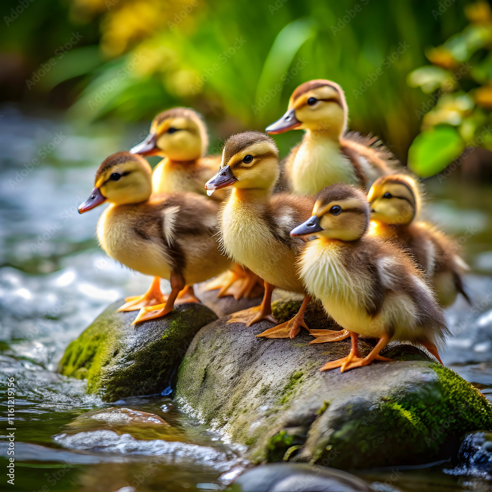 group of little ducklings on a rock surrounded by group of little ducklings on a rock surrounded by