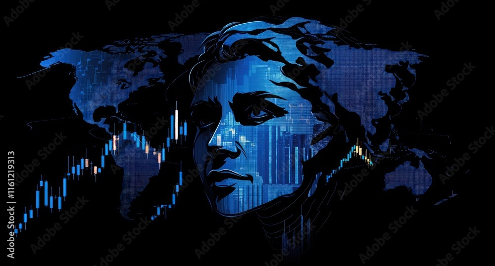 A blue-hued portrait of a woman against a world map and financial graphs, symbolizing finance. A blue-hued portrait of a woman against a world map and financial graphs, symbolizing finance.