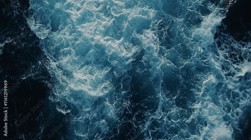 Turbulent ocean waves creating patterns under bright sunlight near the shore