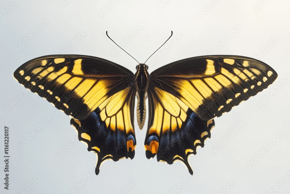 A yellow and black butterfly flies near the blue sky A yellow and black butterfly flies near the blue sky