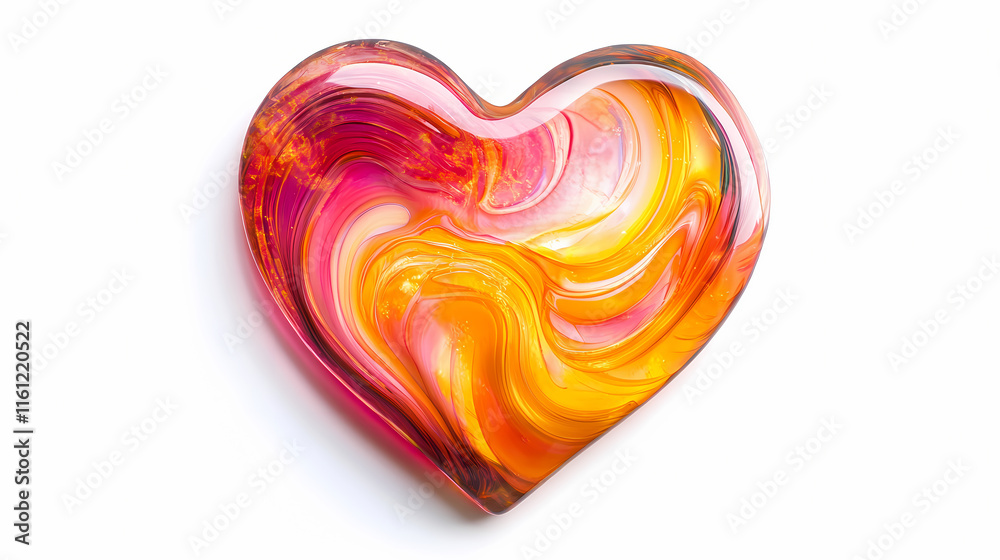 Vibrant heart-shaped fused glass artwork featuring swirling patterns of pink, orange, and yellow hues, suspended against a stark white background, evoking warmth and love. Suncatcher. Illustration Vibrant heart-shaped fused glass artwork featuring swirling patterns of pink, orange, and yellow hues, suspended against a stark white background, evoking warmth and love. Suncatcher. Illustration