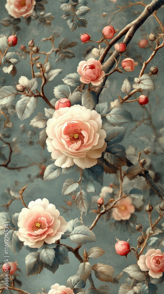Elegant Pastel Roses on a Dusty Blue Background - Vintage Floral Wallpaper Design Elegant Pastel Roses on a Dusty Blue Background - Vintage Floral Wallpaper Design