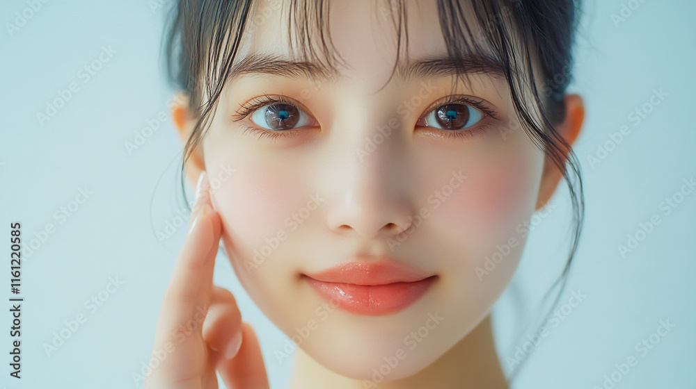 A beautiful, smiling Asian woman with clean, fresh skin on a white background. A close-up portrait of a beautiful young A beautiful, smiling Asian woman with clean, fresh skin on a white background. A close-up portrait of a beautiful young