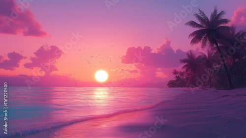 Radiant colorful sunset on a tropical beach, showcasing the beauty of a paradise island