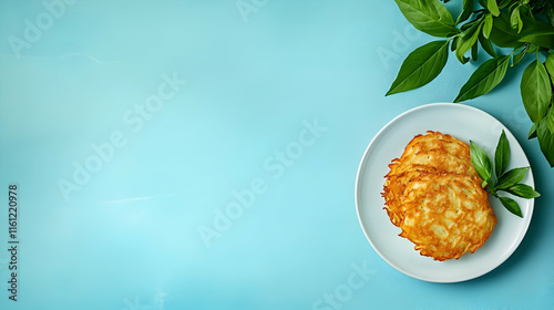 Delicious potato latkes are garnished with fresh basil on a bright blue plate photo