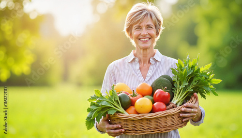 Smiling woman holding basket of fresh vegetables in green field
