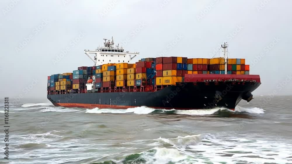 A large cargo ship with vibrant containers battles strong waves while navigating through challenging maritime conditions