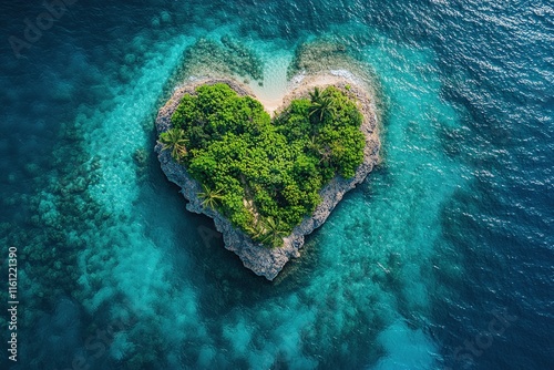 Heart-shaped tropical island surrounded by turquoise sea, lush greenery, aerial view, romantic escape, Valentine's Day concept