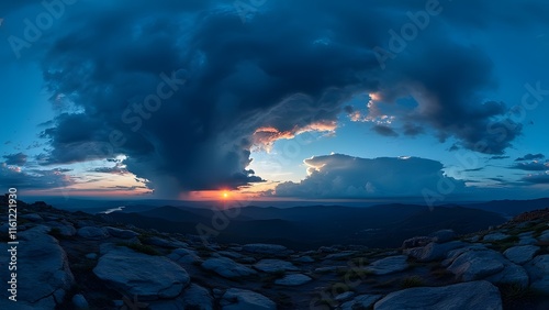 Dramatic 360 Panorama, Vibrant Blue Twilight Sky, Foreboding Storm Clouds, Rugged Terrain, HDR Sunset Peak