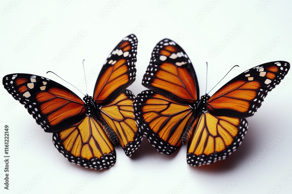 Fototapeta premium A pair of orange and black butterflies sit on a white surface
