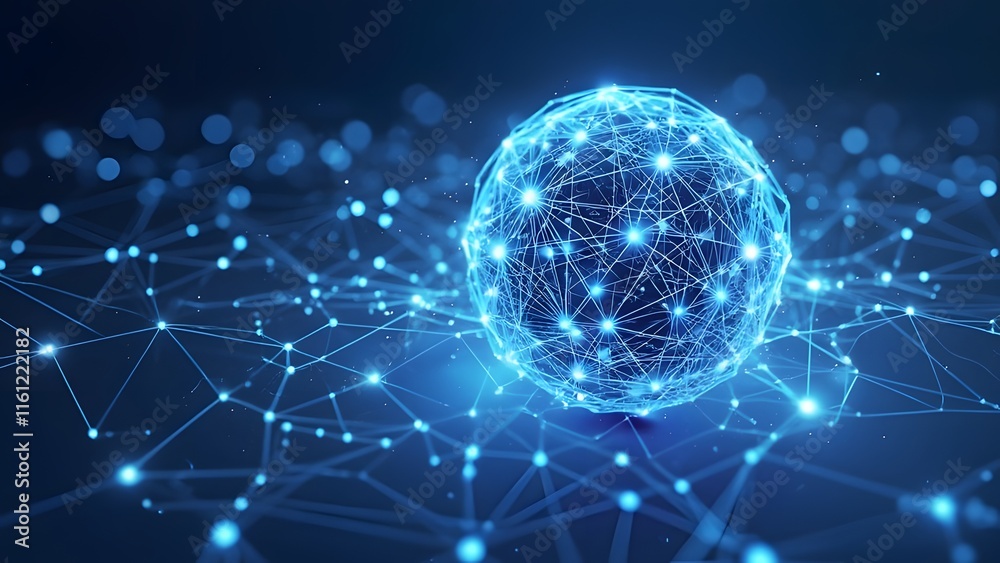 Fototapeta premium Mesmerizing 3D Blue and White Sphere Network, Futuristic Connection Hub with Abstract Lines and Geometric Shapes