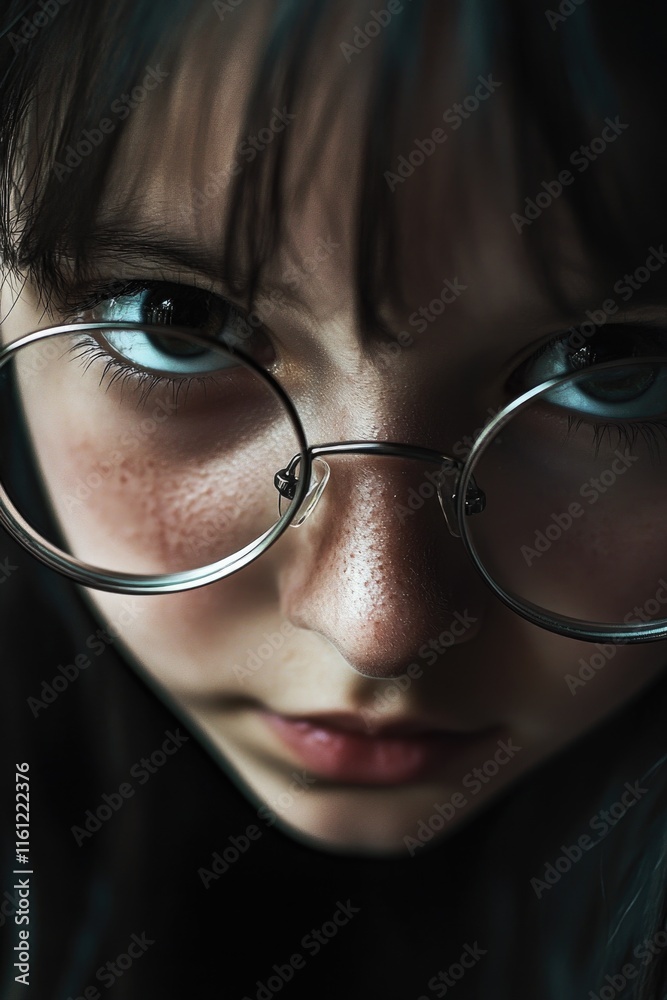 A detailed view of an individual wearing glasses, perfect for use in illustrations or as a reference image A detailed view of an individual wearing glasses, perfect for use in illustrations or as a reference image