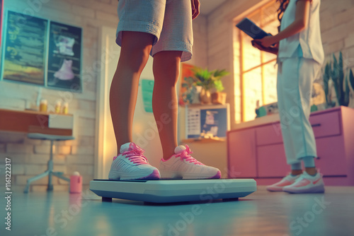A dynamic scene of a full-body health check-up in progress, showing a patient stepping onto a digital weighing scale while a nurse records the data on a tablet.