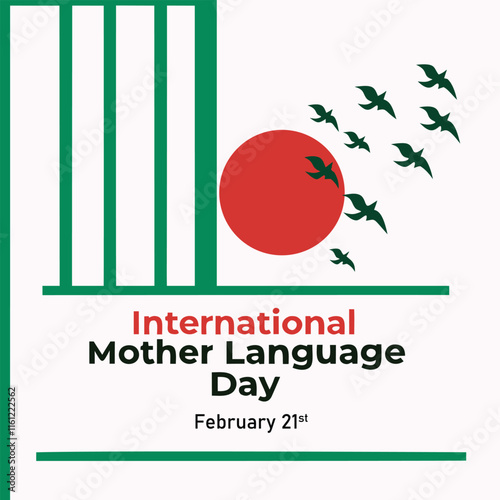 Artistic design emphasizing the significance of International Mother Language Day with symbolic imagery, vibrant colors, and a February 21st date marker.