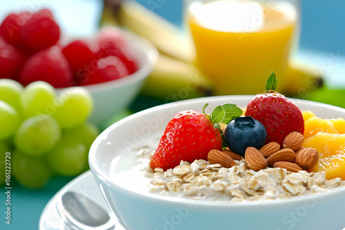 A vibrant breakfast bowl with strawberries, blueberries, and almonds promotes healthy eating