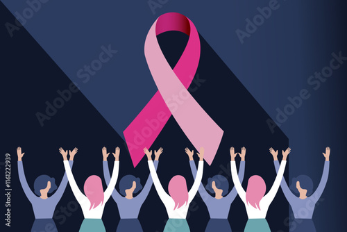 Minimalist Illustration of People with Raised Hands and Pink Ribbon - Cancer Awareness