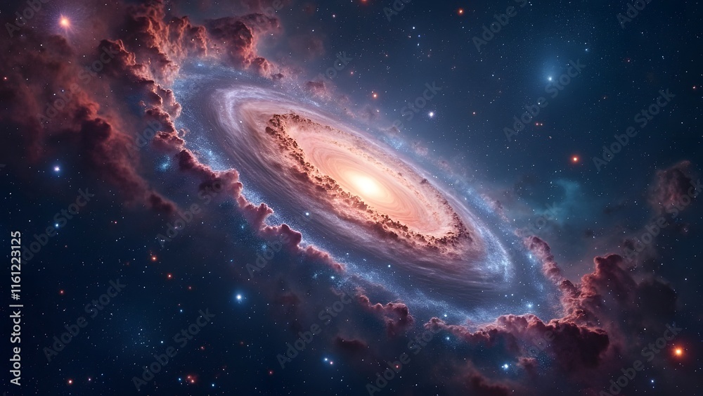 Fototapeta premium Majestic Spiral Galaxy, Vibrant Nebulae, Supernovae, and Stardust in a Deep Indigo Night Sky