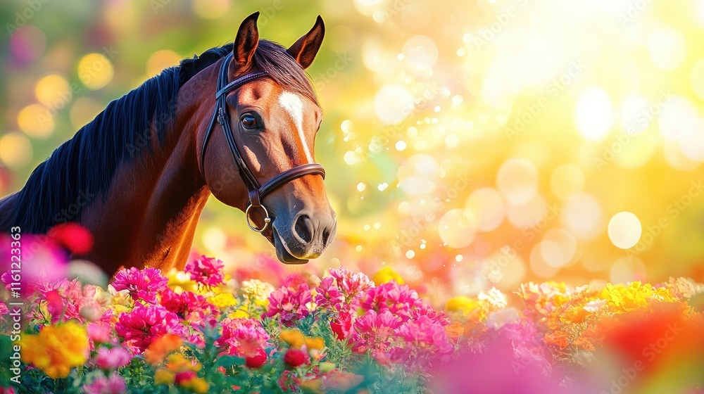 Obraz premium A horse stands amidst vibrant flowers, illuminated by soft sunlight, creating a serene atmosphere.