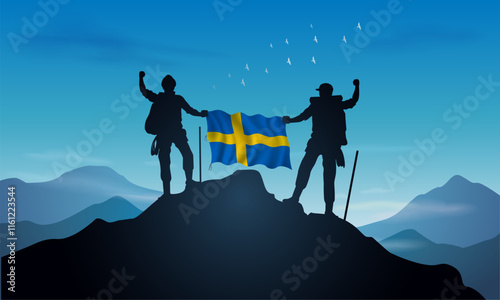 Sweden flag, silhouette of a man holding a flag as a sign of success in reaching the top of the mountain against a clear sky background. Vector Illustrator