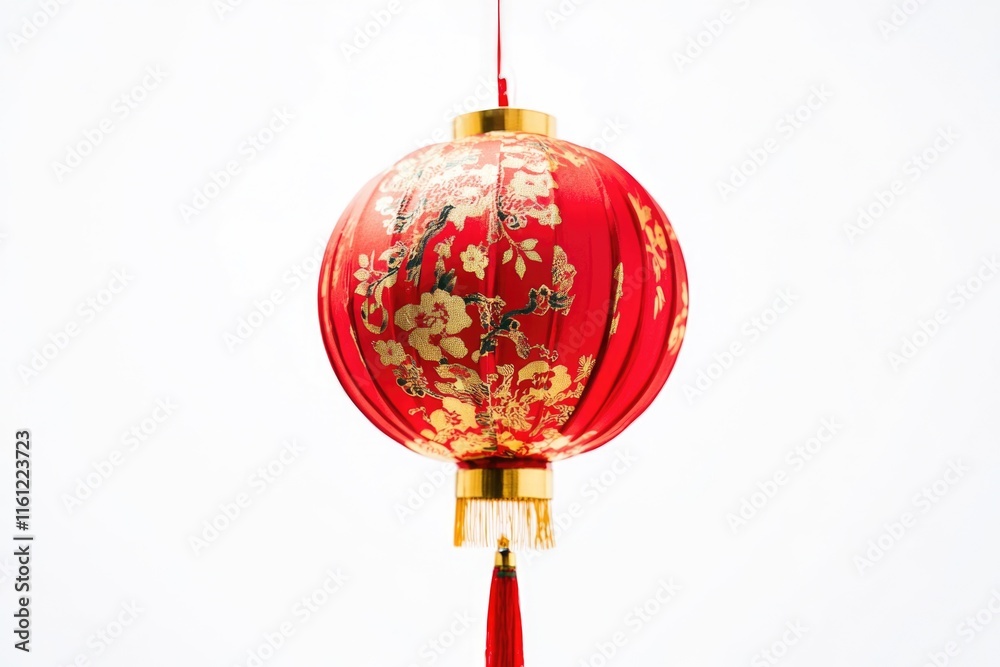A traditional Chinese lantern hanging from a string, perfect for Asian-themed events or decorations A traditional Chinese lantern hanging from a string, perfect for Asian-themed events or decorations