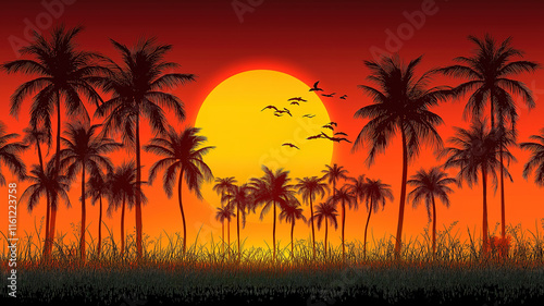 Peaceful silhouette of palm trees at tropical sunrise, with soft light casting shadows on the beach