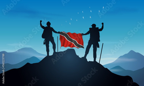 Trinidad and Tobago flag, silhouette of a man holding a flag as a sign of success in reaching the top of the mountain against a clear sky background. Vector Illustrator