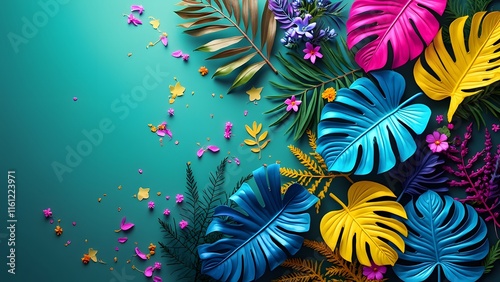 Vibrant Tropical Flat Lay, Electric Blue, Hot Pink & Yellow Glowing Leaves on Teal Background - Whimsical Summer Design photo