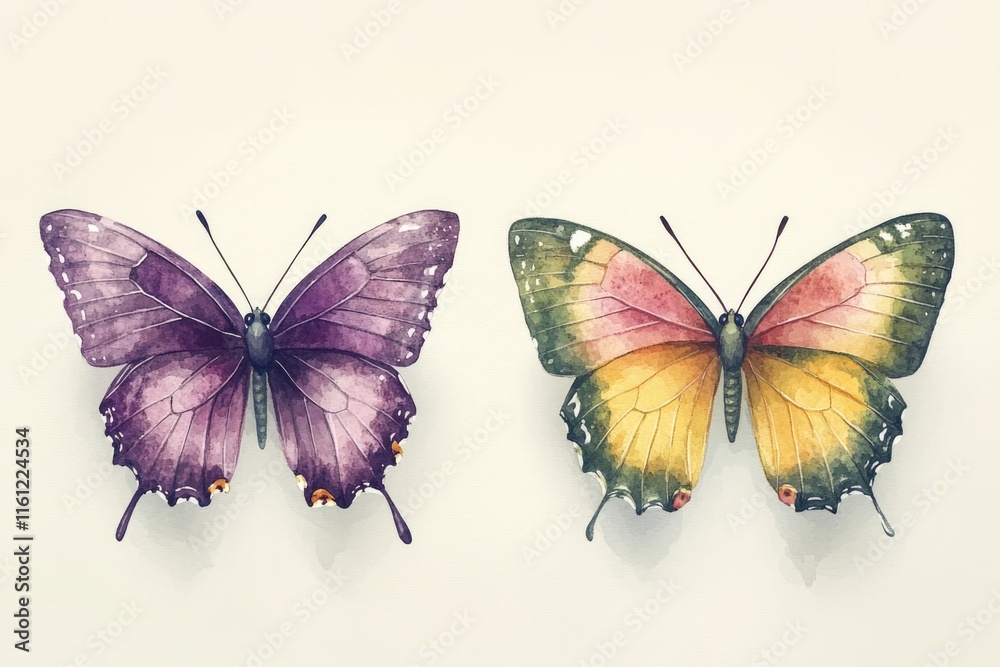 A pair of butterflies perched on a white background, with delicate wings and bodies A pair of butterflies perched on a white background, with delicate wings and bodies