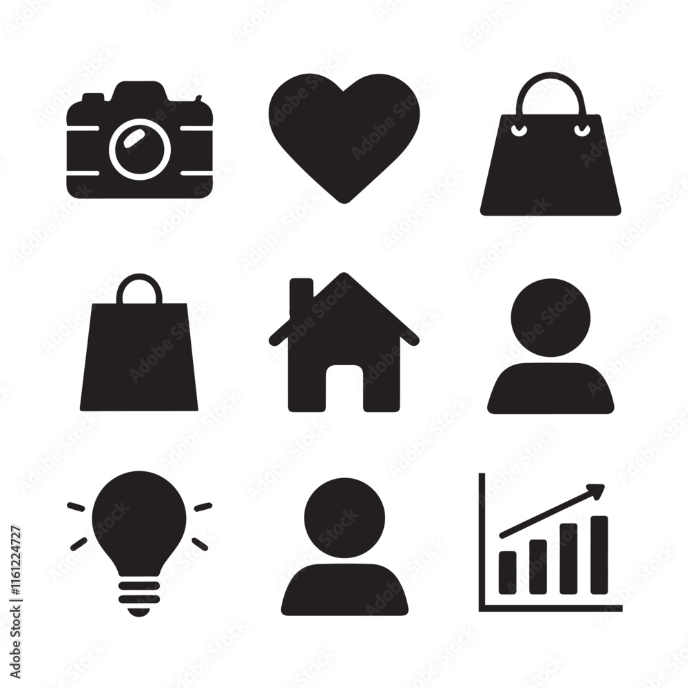 Set of user interface icon. Camera, heart, house, shopping bag, and graph. Ideal for representing diverse usage. Vector illustration Set of user interface icon. Camera, heart, house, shopping bag, and graph. Ideal for representing diverse usage. Vector illustration
