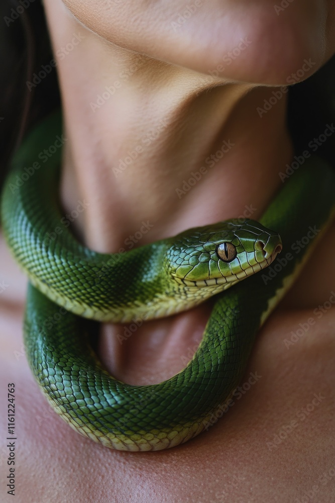Obraz premium A green snake is wrapped around a woman's neck in this close-up photo