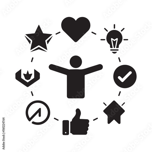 Collection of icons including positivity, success, and creativity, representing motivational and rewarding characteristics. Vector illustration
