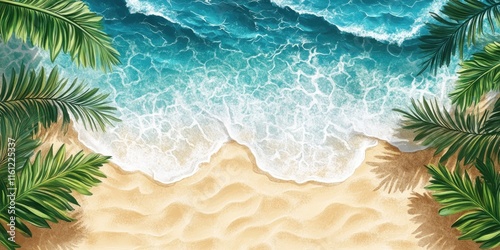 Tropical Beach Scene with Palm Leaves and Ocean Waves