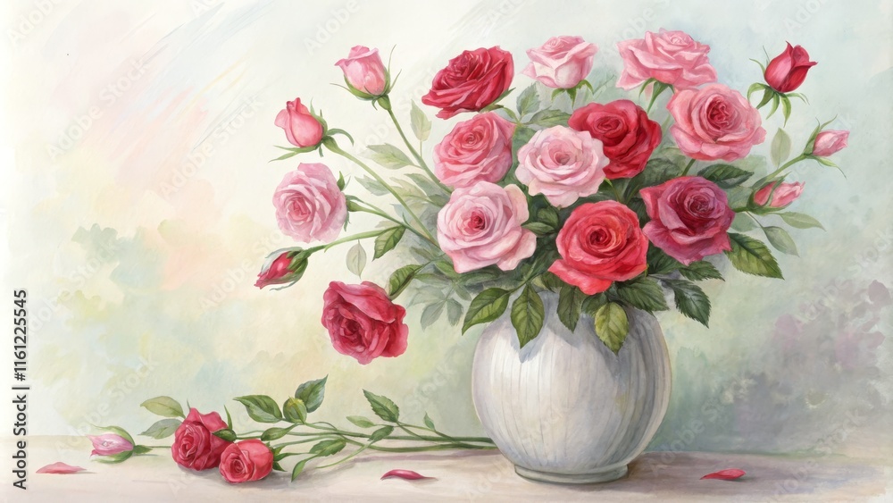 Vibrant pink and red roses in elegant vase with pastel background Vibrant pink and red roses in elegant vase with pastel background