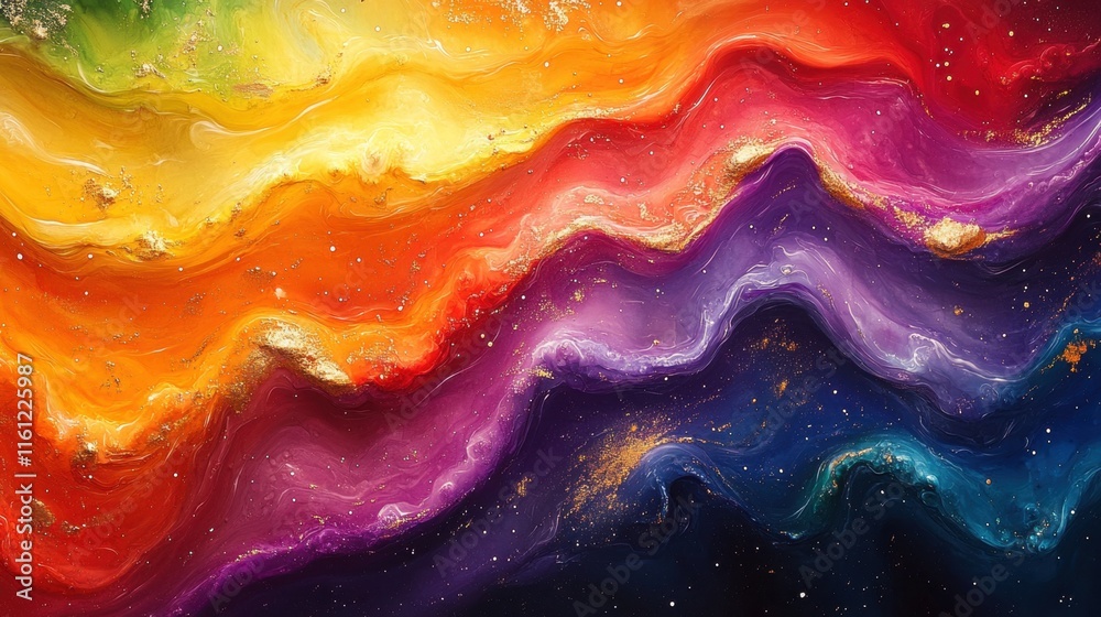 Vibrant abstract wave of rainbow colors with gold accents Vibrant abstract wave of rainbow colors with gold accents