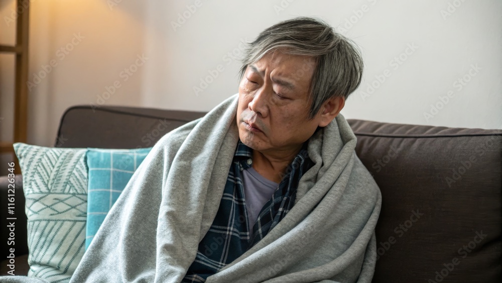 Obraz premium Elderly man resting peacefully on sofa wrapped in blanket