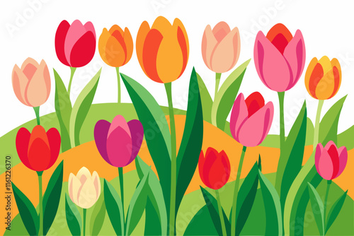 Vibrant Spring Tulips Blooming in Colorful Garden Hillside