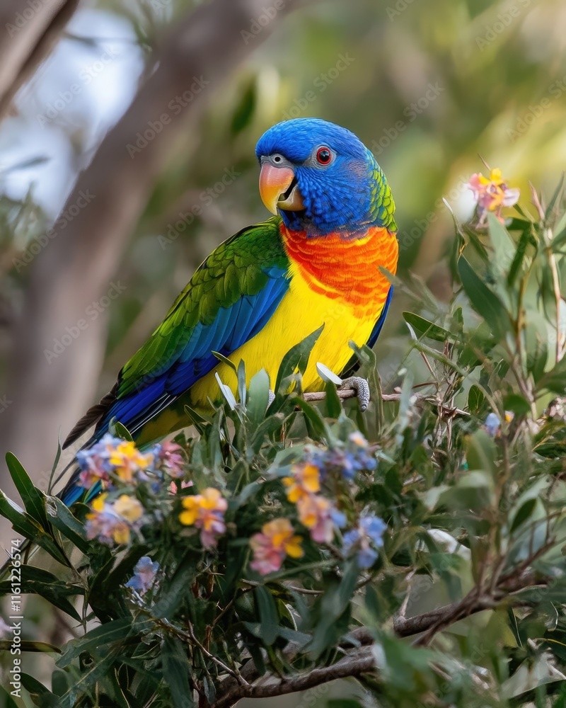 Naklejka premium A colorful parrot perched among vibrant flowers in a natural setting.