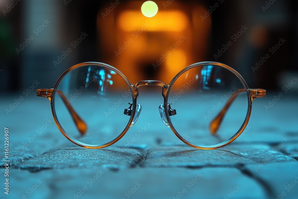 A pair of glasses sitting on a table, perfect for a desk or countertop