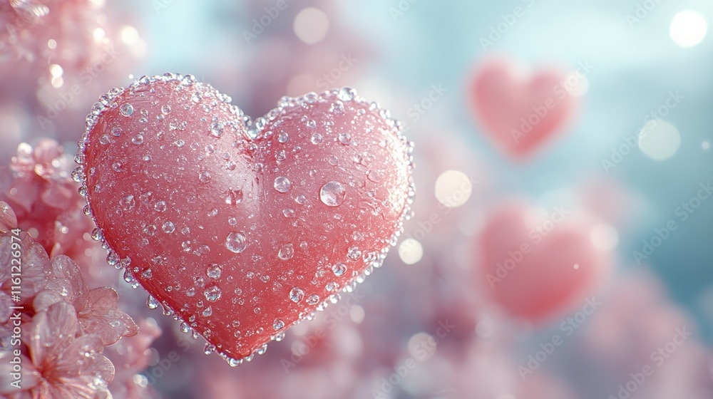 Obraz premium Dew-kissed heart amid blossoms in serene pastel landscape