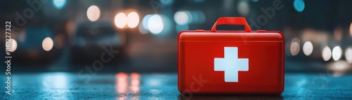 car wrecks concept. A calming visualization of glowing medical kits being provided to accident victims on the roadside
