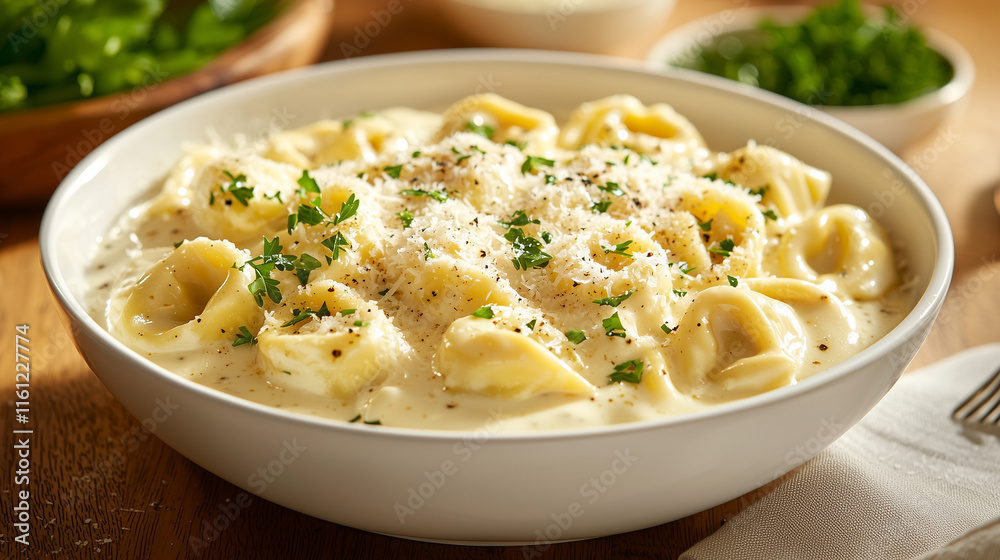 Tortellini in creamy Alfredo sauce garnished with parsley Tortellini in creamy Alfredo sauce garnished with parsley