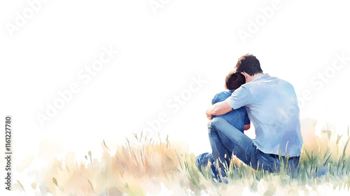 The prodigal son. Man hugging a boy kneeling. Digital painting. cover poster copy space cute soft watercolor painting on white background photo