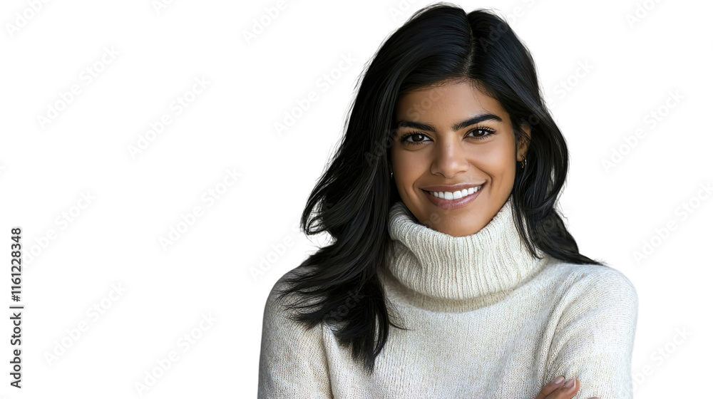 Fototapeta premium Smiling Elegant Woman Wearing White Knit Sweater Studio Style Professional Portrait