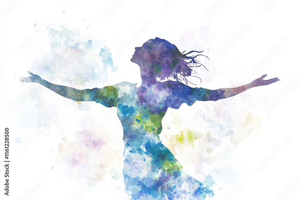 Obraz premium Watercolor illustration of a woman stretching her arms up towards the sky