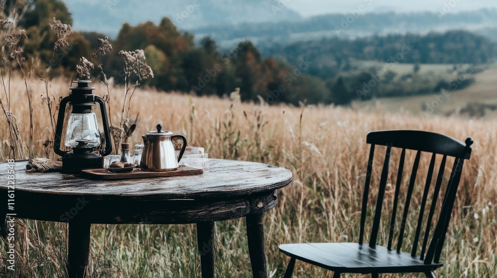 Fototapeta premium A table with a lantern and a tea kettle on it and a black chair next to it. The scene is set in a grassy field with mountains in the background. The table and chair are set up for a camping tri