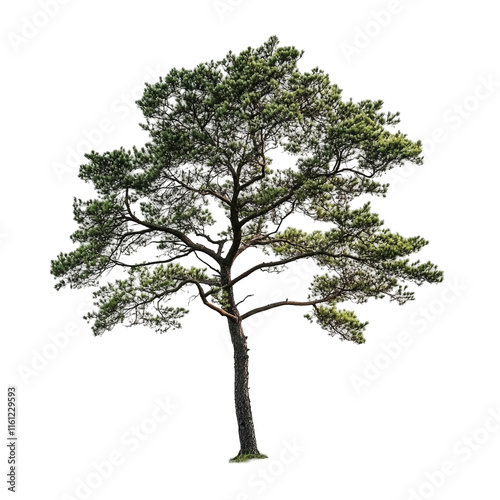 Majestic Pine Tree: A solitary pine tree stands tall against a black background, showcasing its intricate branches and detailed foliage. photo